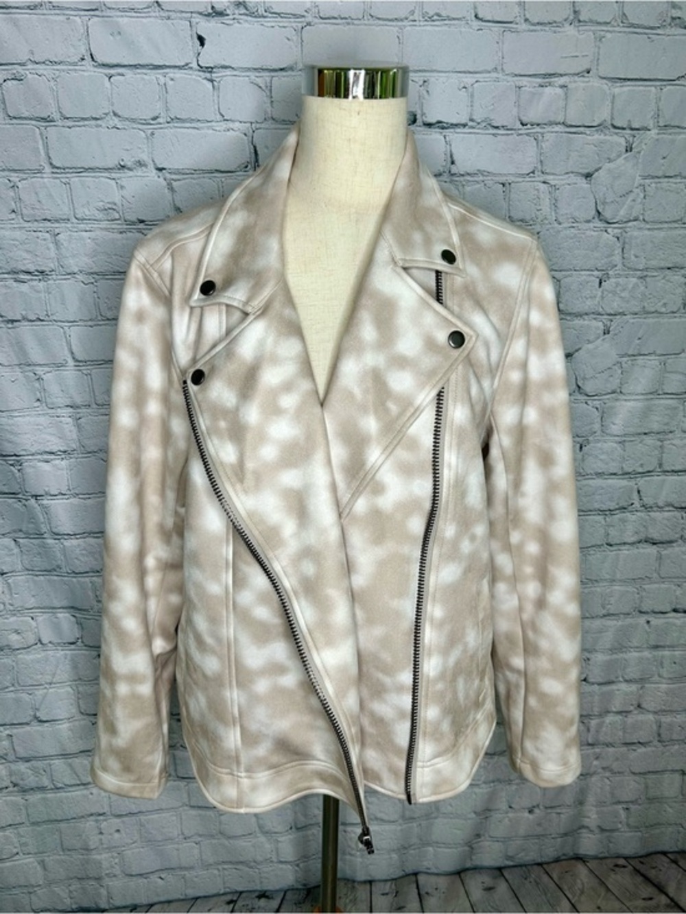Haute Hippie Fall Layering Taupe & Cream Fawn Print Patterned Moto Jacket Large